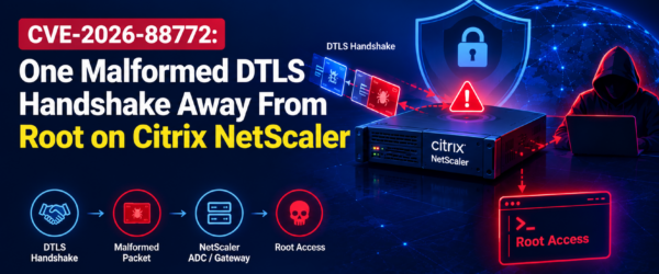 CVE-2026-88772 cybersecurity banner showing a malformed DTLS handshake targeting Citrix NetScaler and leading to root access.