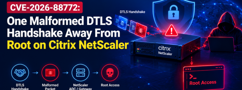 CVE-2026-88772 cybersecurity banner showing a malformed DTLS handshake targeting Citrix NetScaler and leading to root access.